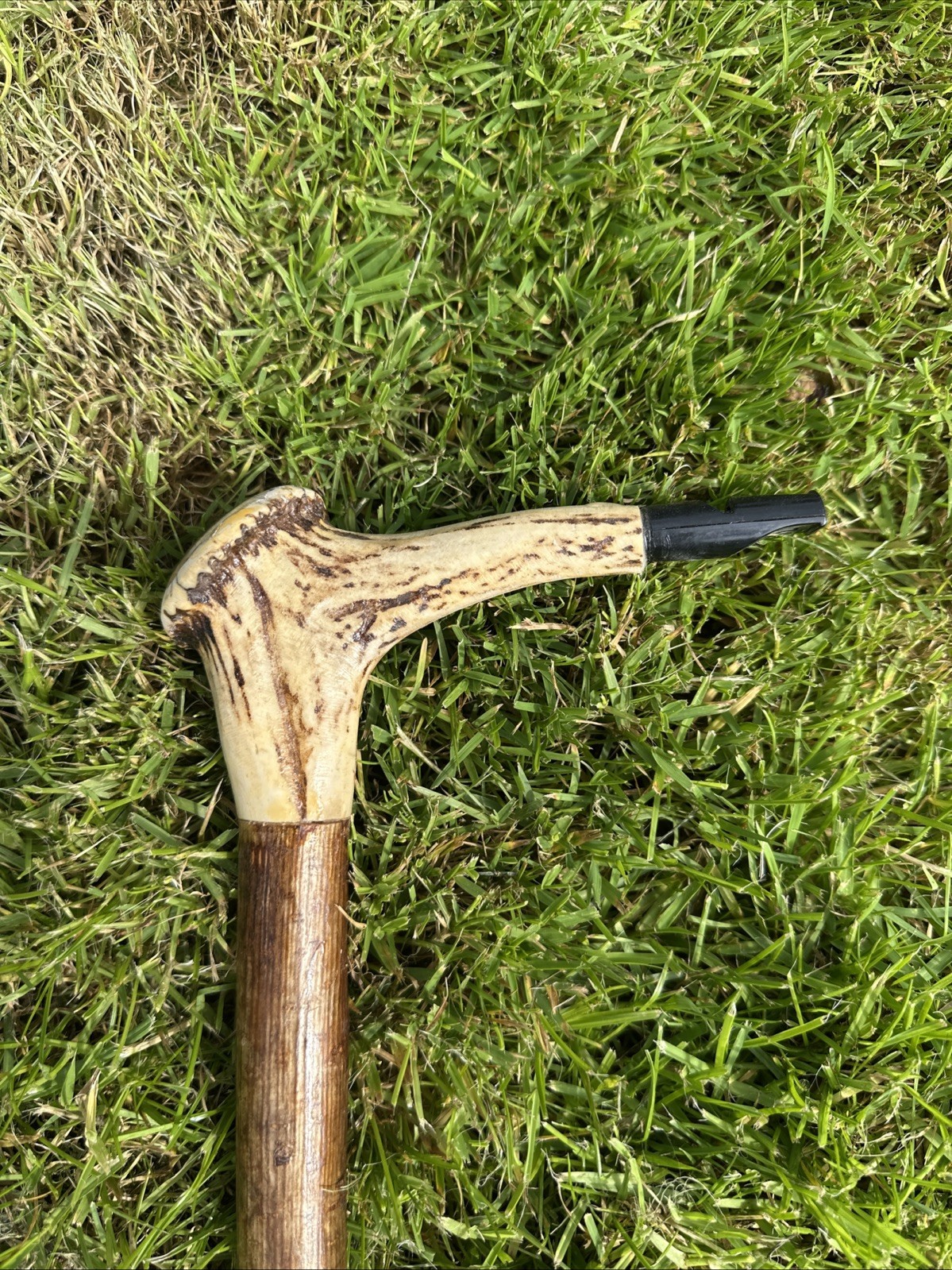 Vintage Fisherman's Walking Stick Hazel Shaft Antler Handle Embedded Trout Fly