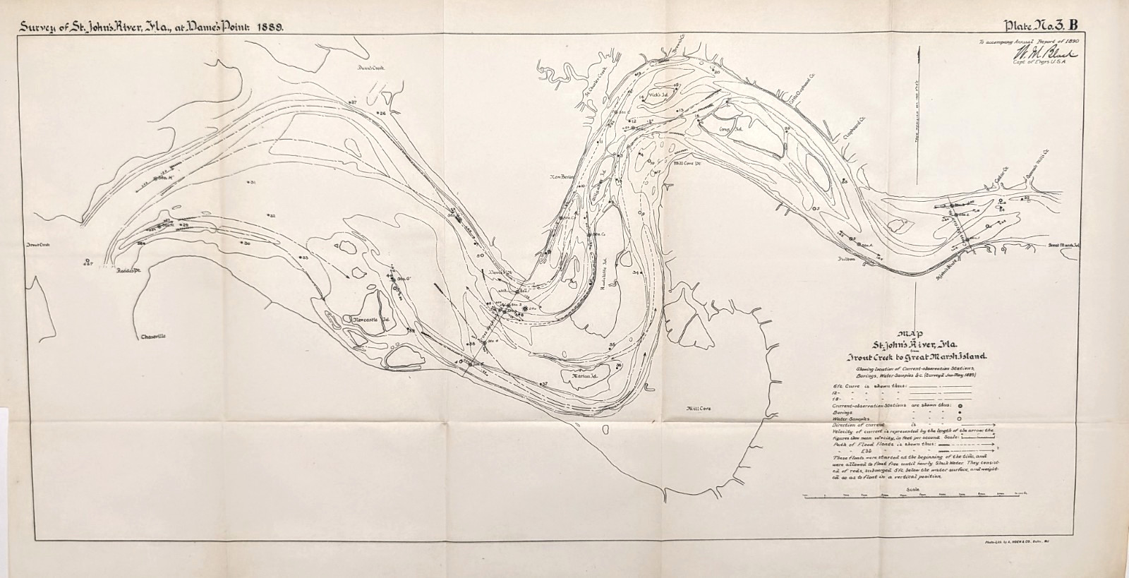 1890 ST JOHN'S River - FLORIDA Map Trout Creek to Great Marsh Island ORIGINAL