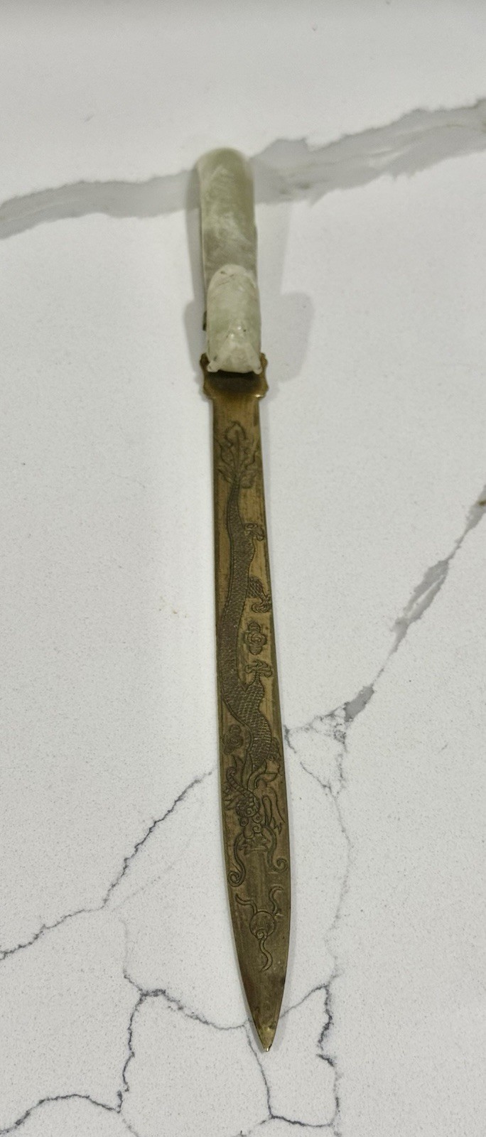 Antique Chinese White Jade Dragon Belt Hook Letter Opener Brass Desk Knife 1900