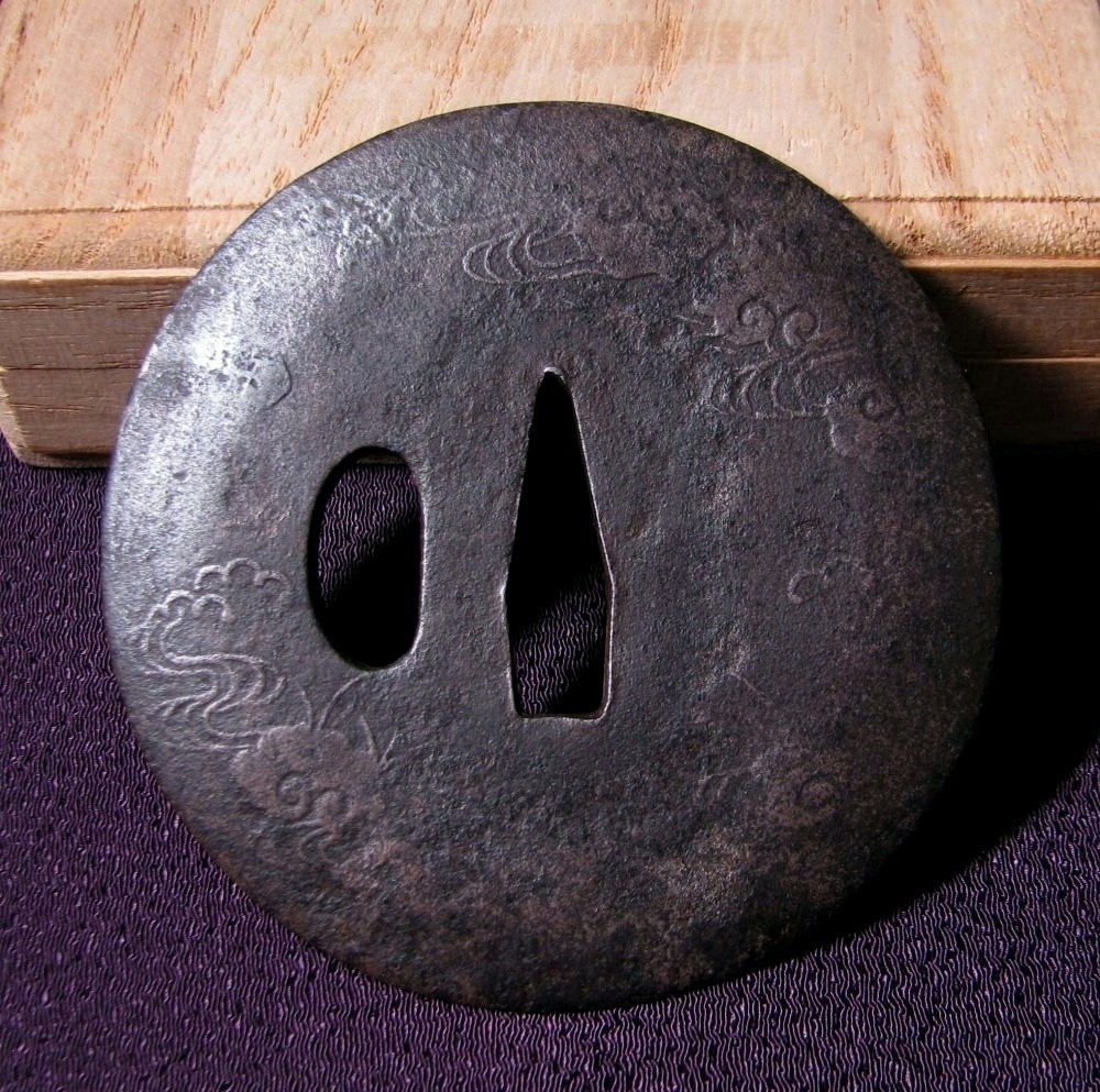 Tsuba Japan Antique Japanese Sword Edo Period Iron Inlaid Cloud Stream Katana JP