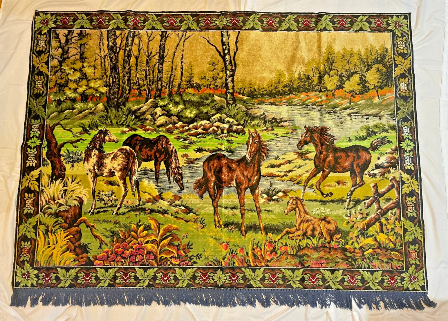 70\'s Vivid VTG Horses Meadow Stream Velvet Rug Wall Tapestry  70.75\