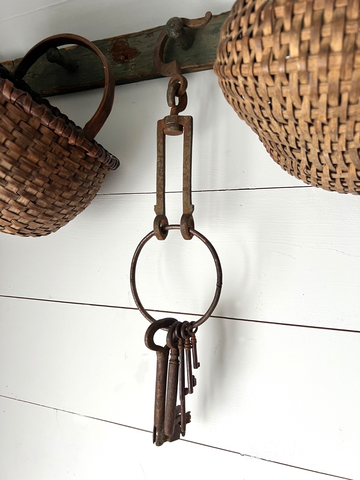 Antique Hand-Forged Iron Hook & Ring With Seven Large Skeleton Keys