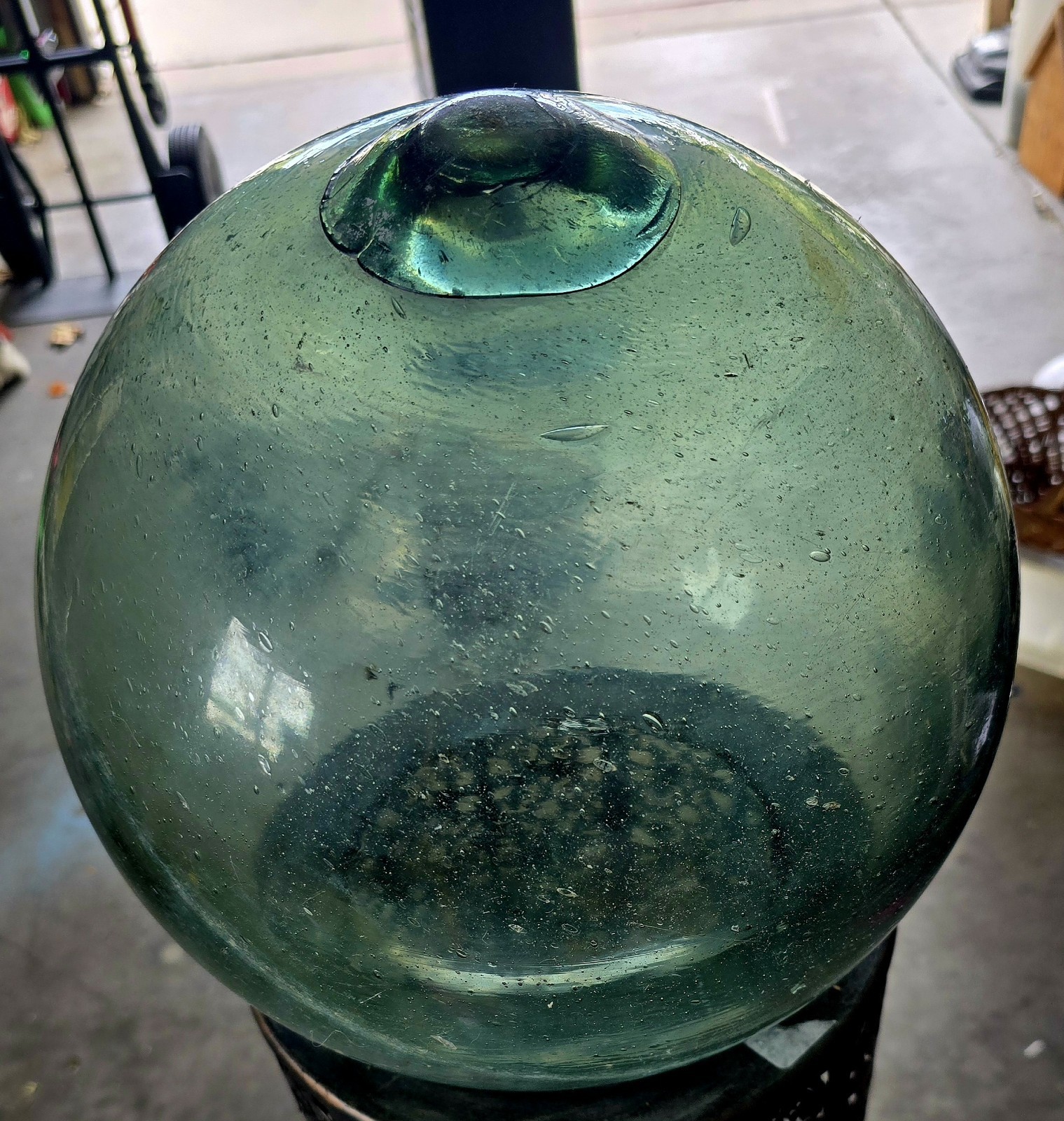 Large Antique Japanese Hand-Blown Green Glass Fishing Float From Japan