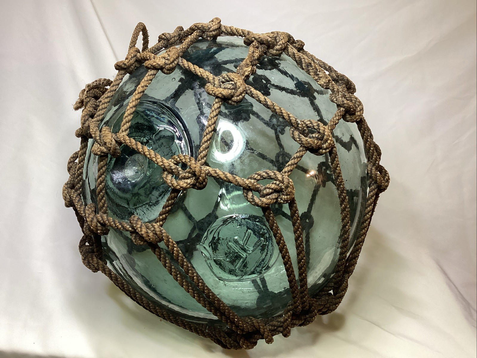 Vintage GREEN Japanese GLASS Fishing FLOAT With Full Netting HOKUYO Hallmark
