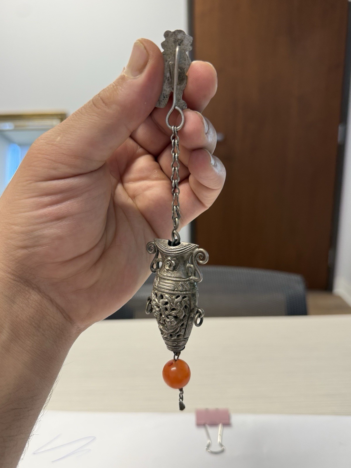 RARE Antique Chinese Qing Dynasty Silver Chatelaine Needle Case with Agate Bead