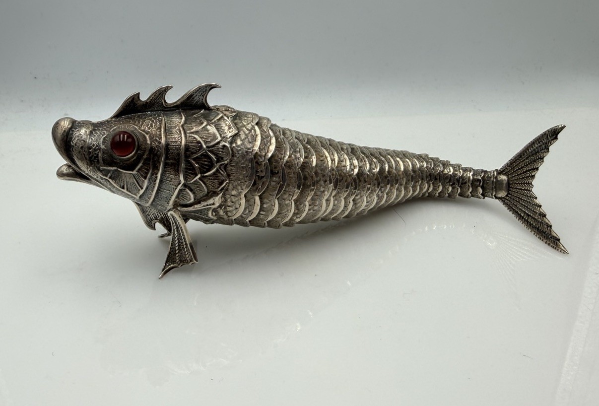 Antique Spanish Sterling Silver Red Stone Eyes Articulated Fish Figurine