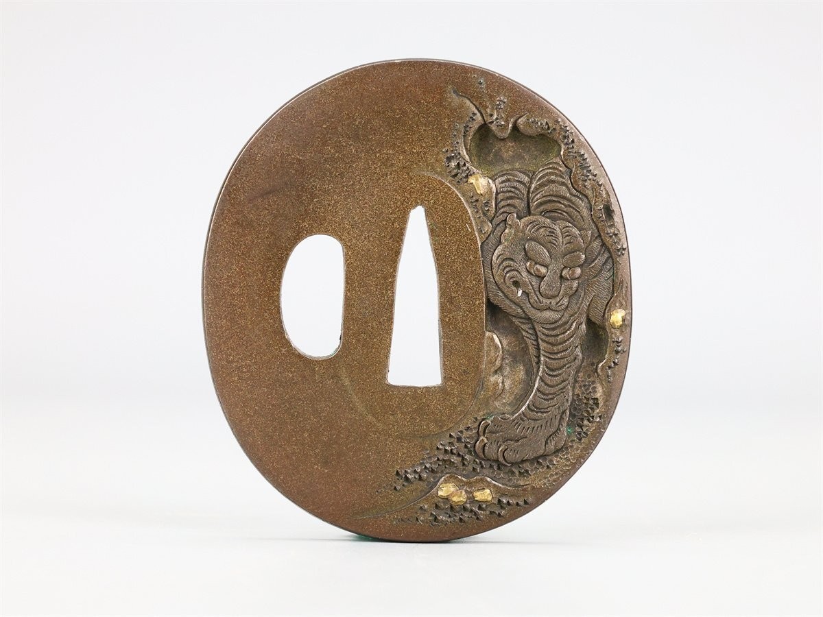 Noriyuki Tsuba - Tiger in Bamboo Stream (Hamano Style High Relief Carving)