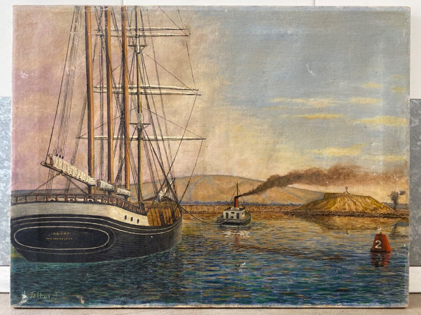 🔥 Antique Old 19th c. San Francisco Folk Art Nautical Seascape Oil Painting