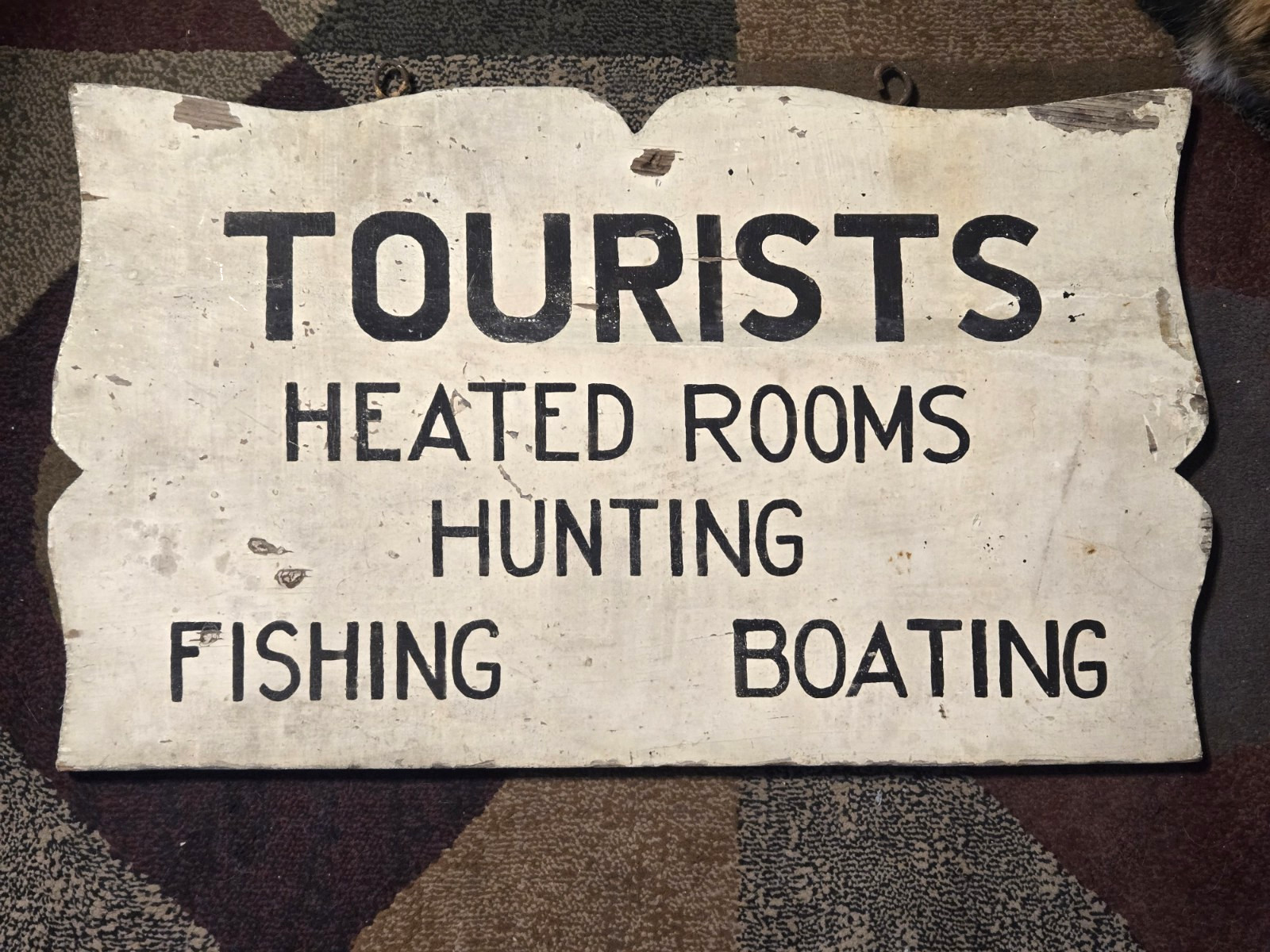 Primitive Wooden Trade Sign Tourists hunting fishing boating 26 x 15 inches