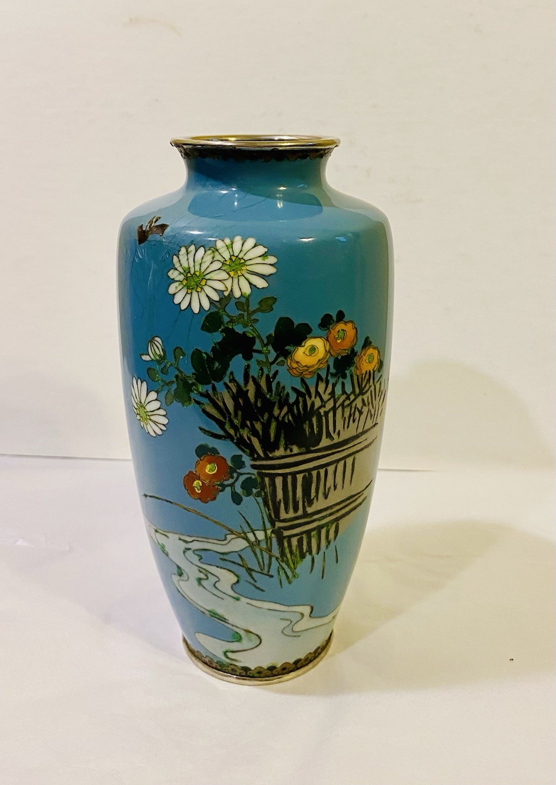 Vintage Japanese Cloisonné Enamel Vase Blue -Floral-Stream 7.75”