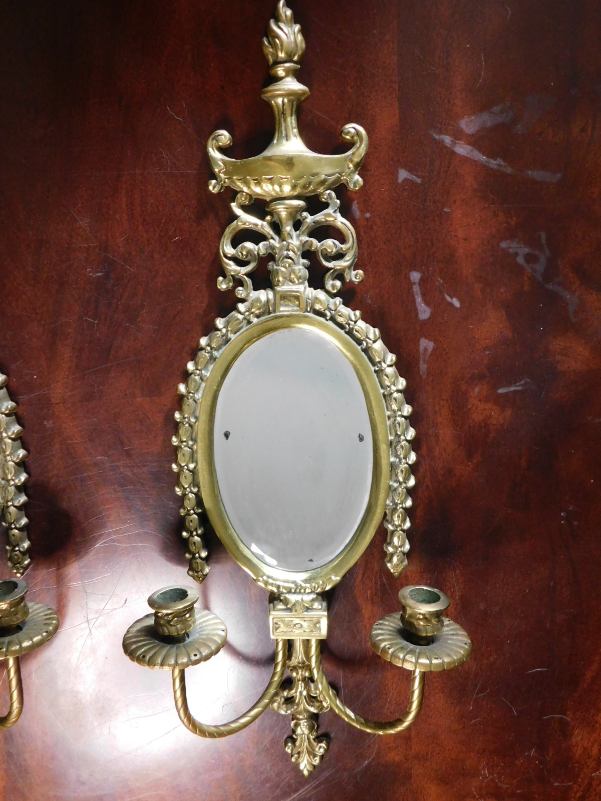VTG Ornate GLO-MAR Bass Pair Wall Sconces w/ Mirror & Candle Holders 20th C.
