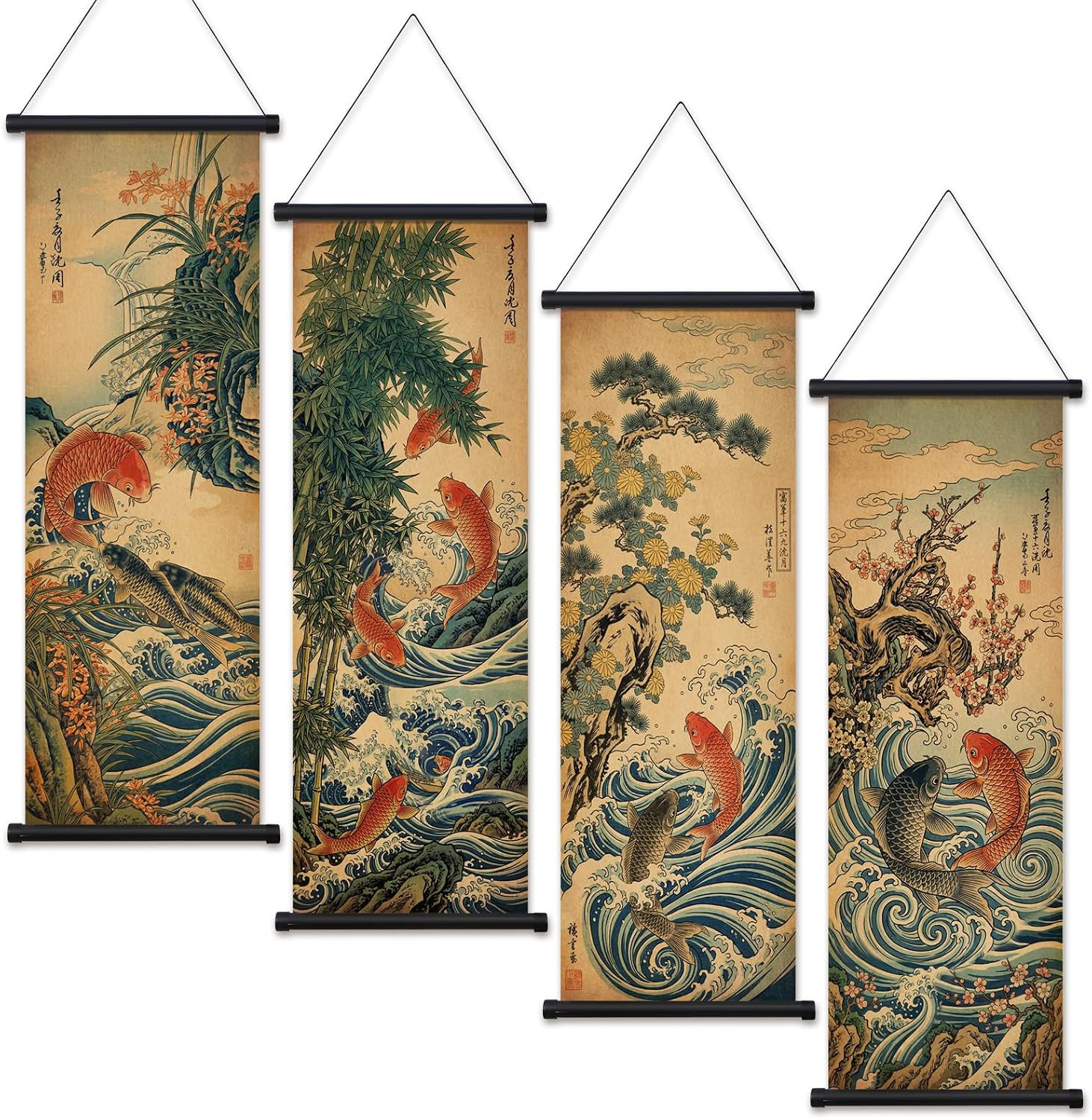 4 Pcs Japanese Wall Art Scroll Hanging Painting Decor Koi Fish Flower