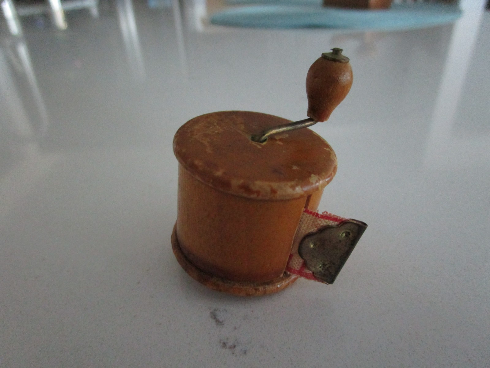Antique Fly Fishing Reel Figural Tape Measure Wood Winder Miniature.