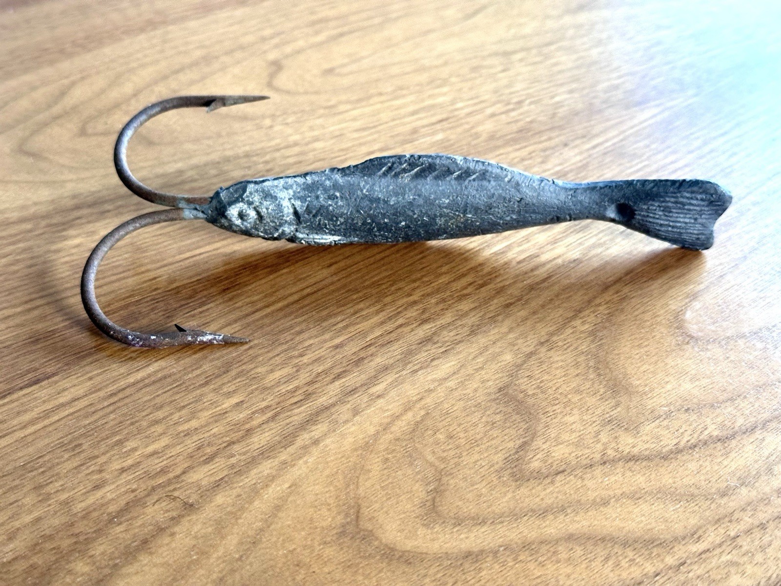 Antique Hand-Carved Fish Lure / Fishing Decoy w/ Forged Iron Hooks