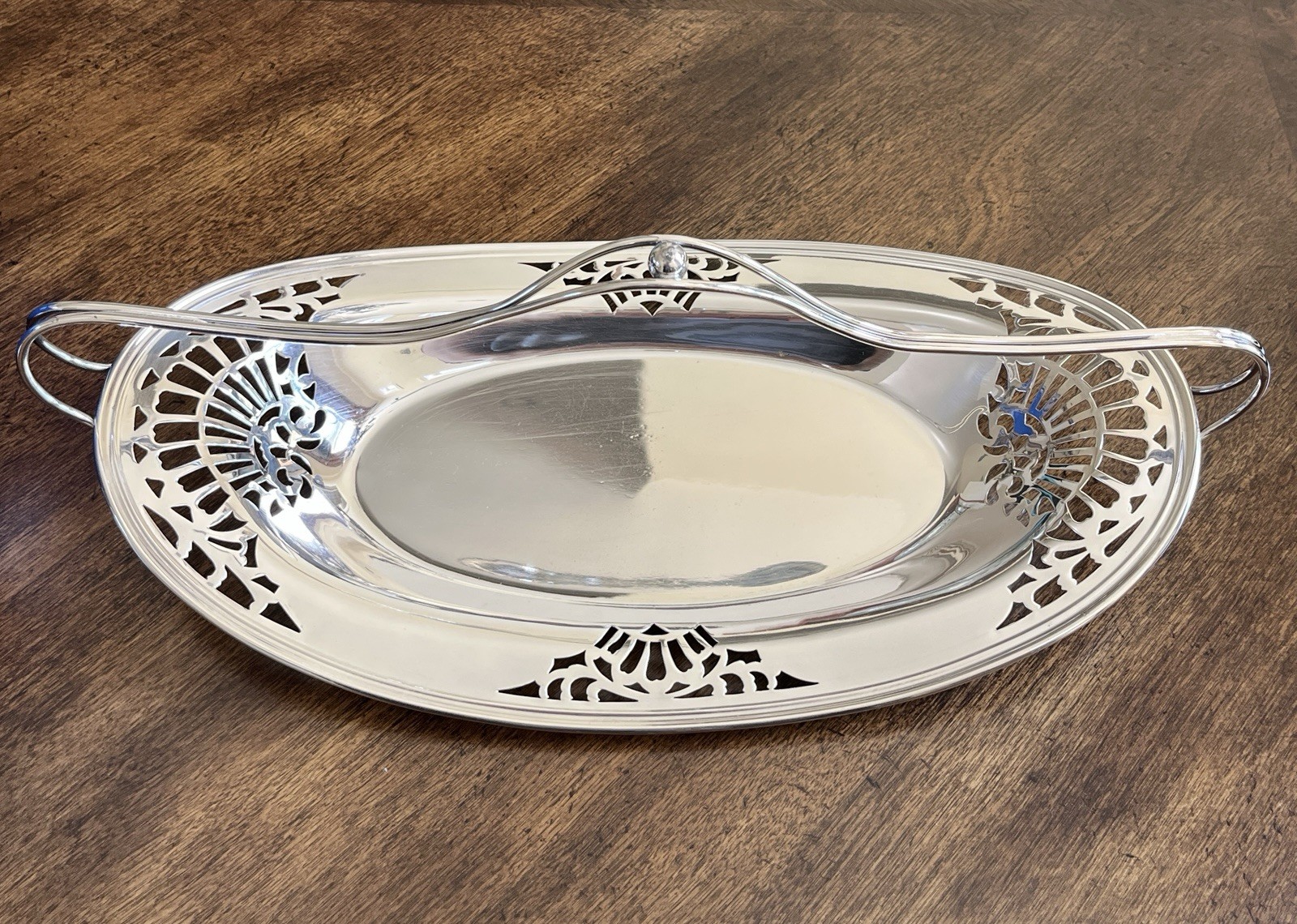 Silver Plated Pierced Oval Bread Tray Dish With Top Handle By E. & J. Bass