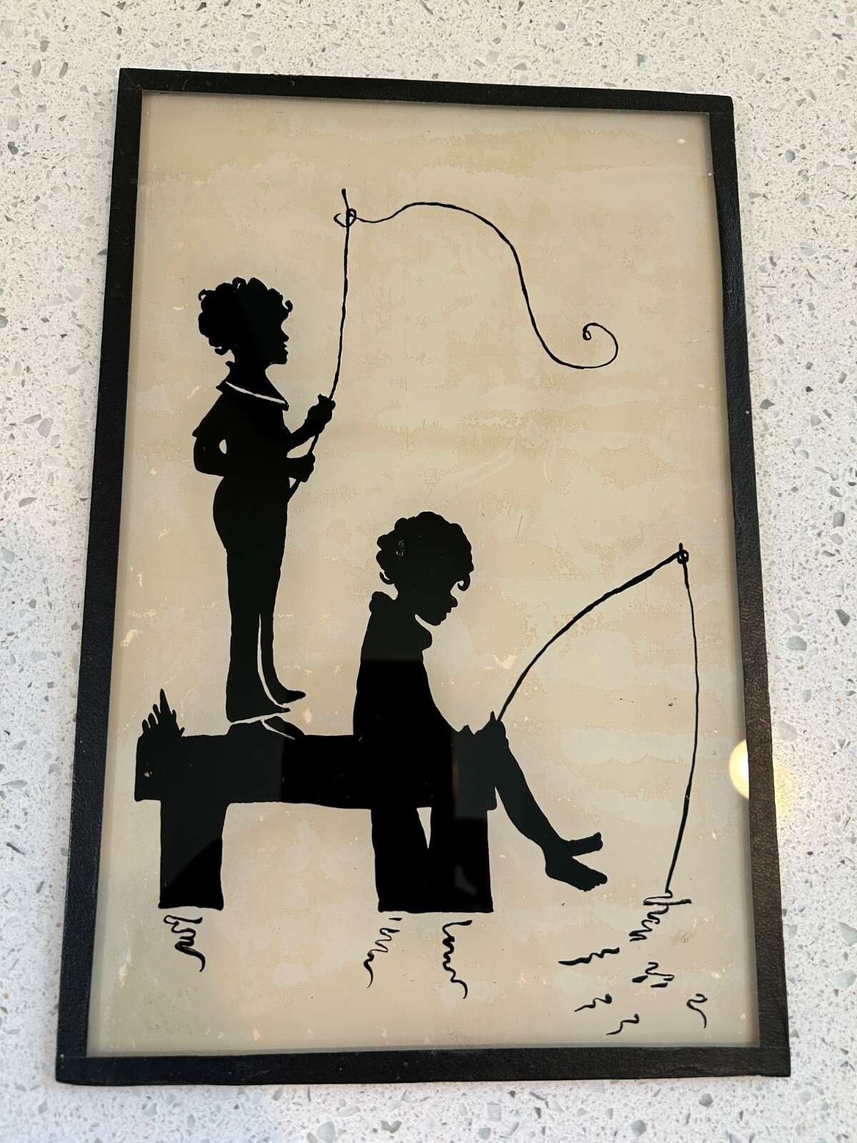 1932 Dated - Silhouette Picture Reverse Painted on Glass  - Kids Fishing - NICE