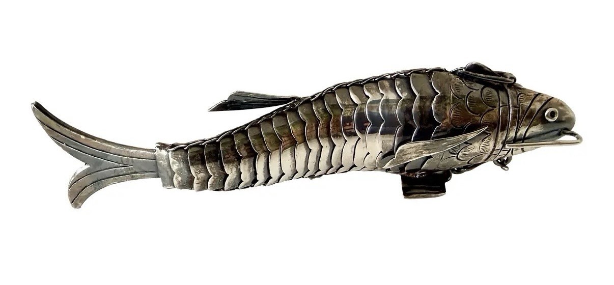 Rare Antique Sterling Silver Articulated Fish Form Spice Box Holder One of Kind
