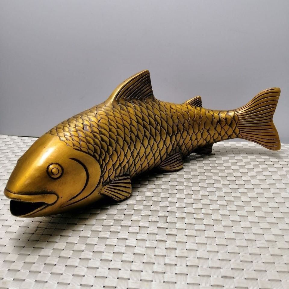 Brass Carp Fish Figurine Chinese Wealth Symbol Feng Shui Home Office Decor