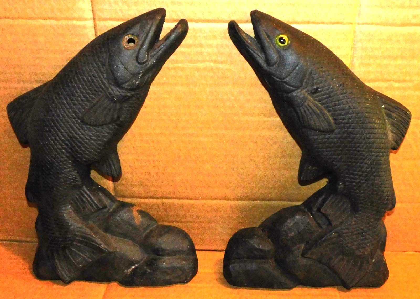 Pair Vintage Lodge F 40 L Cast Iron Fish Trout Fireplace Fire Dogs Andiron AS IS