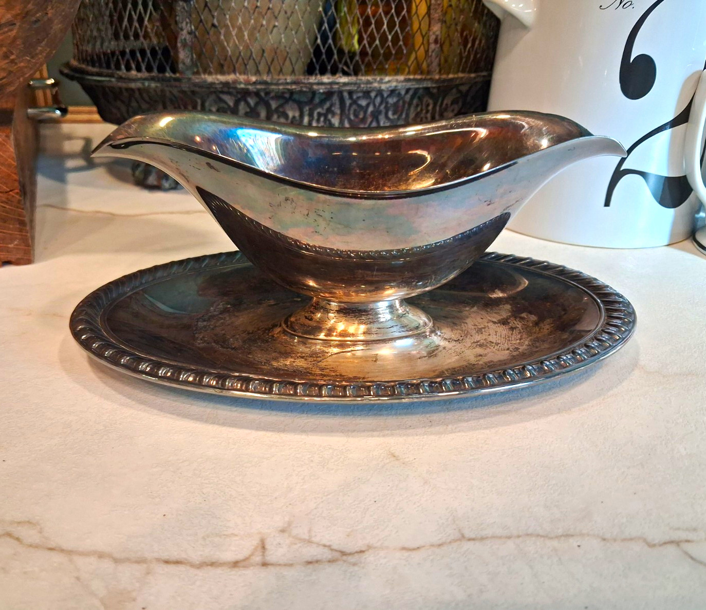 Antique Silverplate Gravy Boat Sauce Boat with Attached Underplate