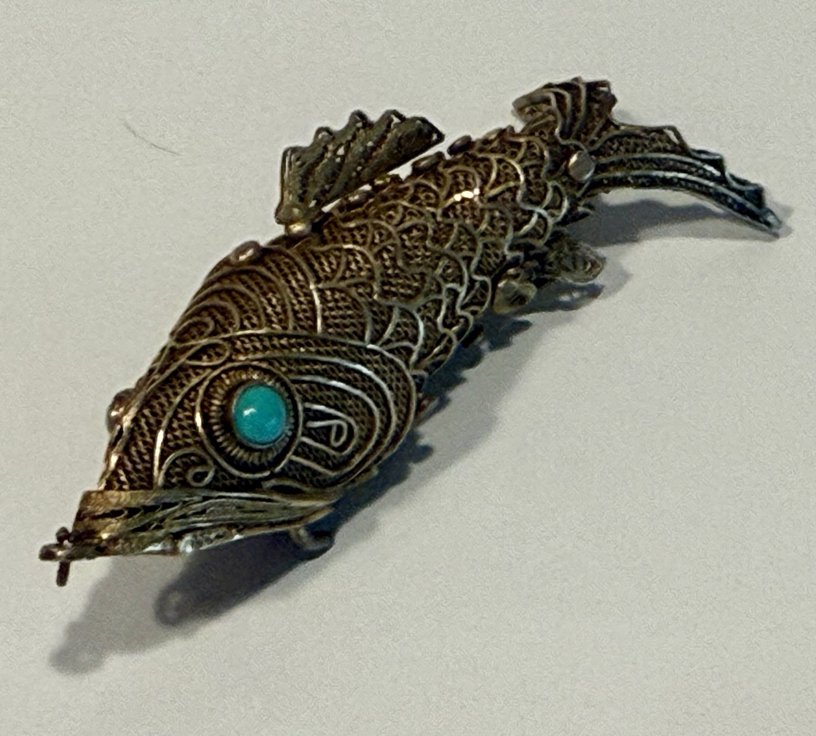 VTG Articulated Fish Pendant/Chatelaine Vermeil Filigree Turquoise Eyes