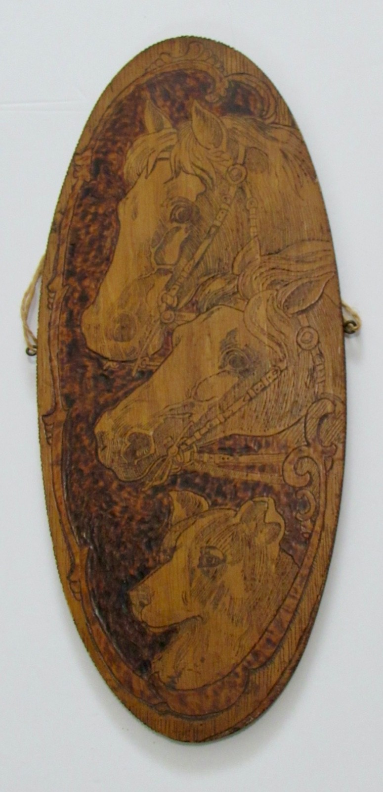 Antique Victorian FLEMISH ART Co. Pyrography 2 Horse Head & Dog Bass Wood Plaque