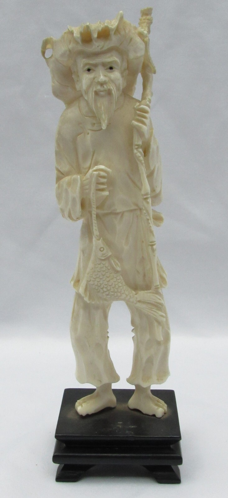 Chinese Carved Fisherman Figurine with Fish Mid-20th Century Wooden Base 20.5cm