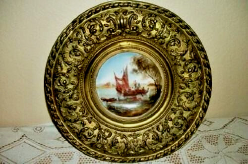 Antique French Miniature Oil Painting Fishing Boat Scene Deep Embossed Brass