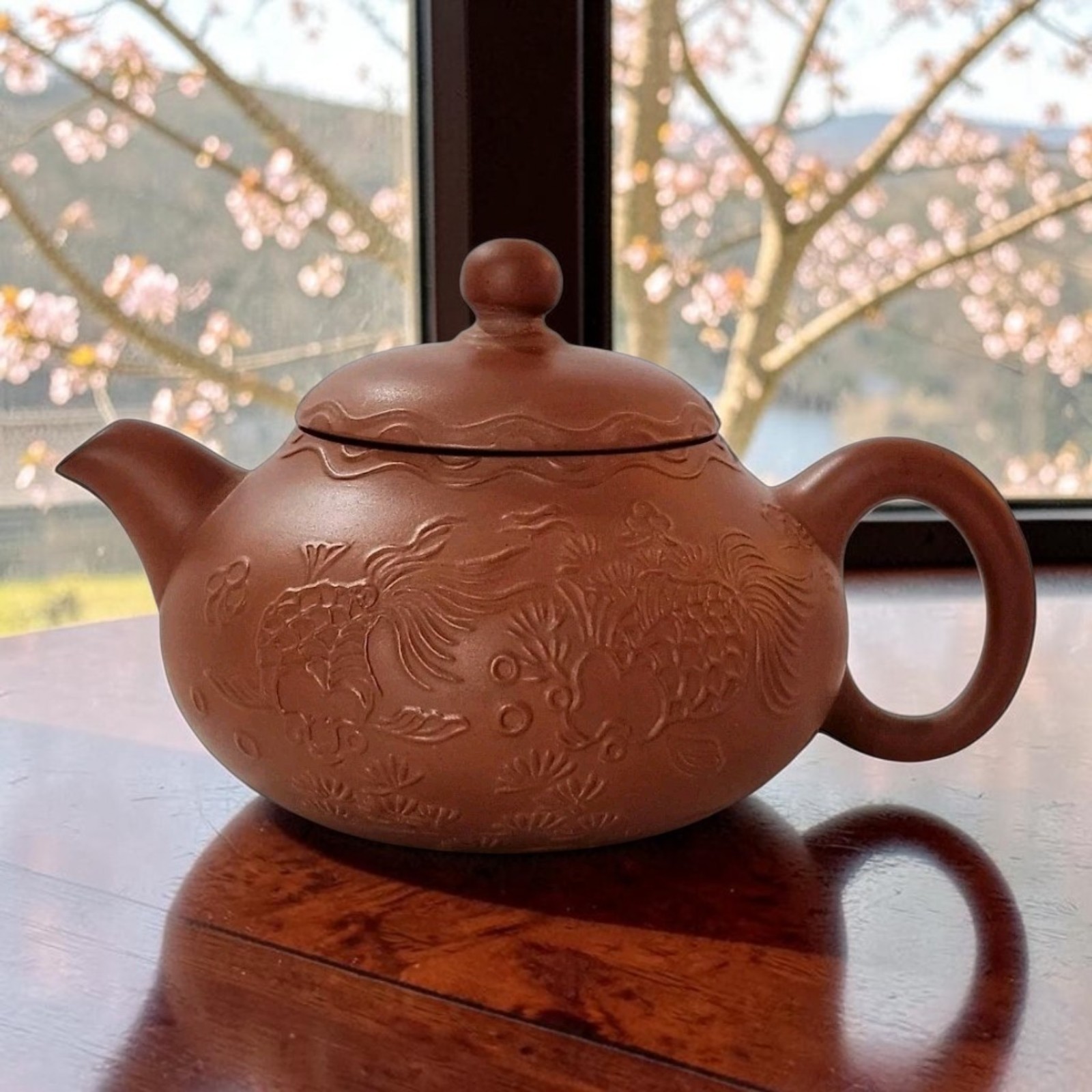 Vtg Yixing Zisha Teapot Retro Han Wah Hu Purple Clay Kung Fu Teapot Koi Fish 3