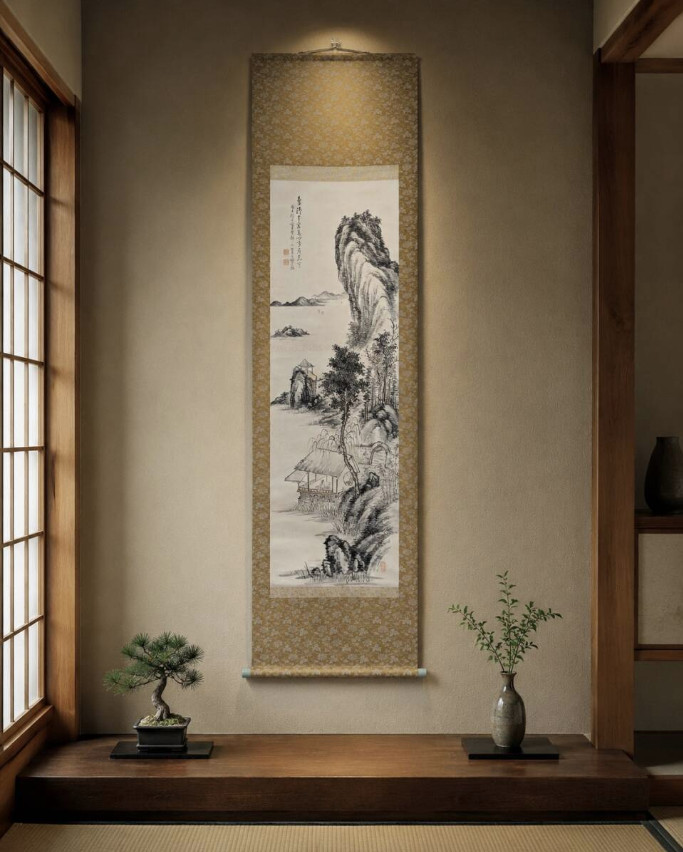 Vintage Japanese Hanging Scroll Mountain Landscape Pavilion Stream Ink Art Box
