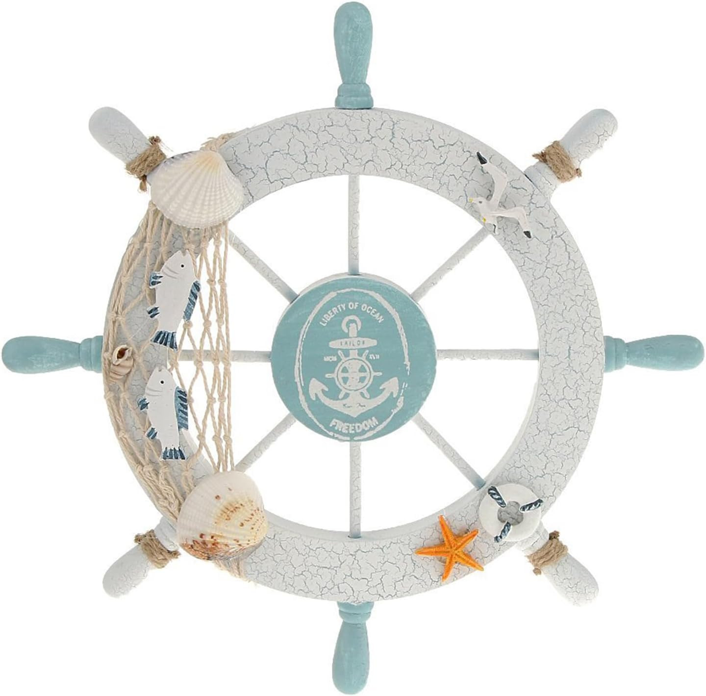 Nautical Beach Wooden Boat Ship Steering Wheel Fishing Net Shell Fish Coastal Oc
