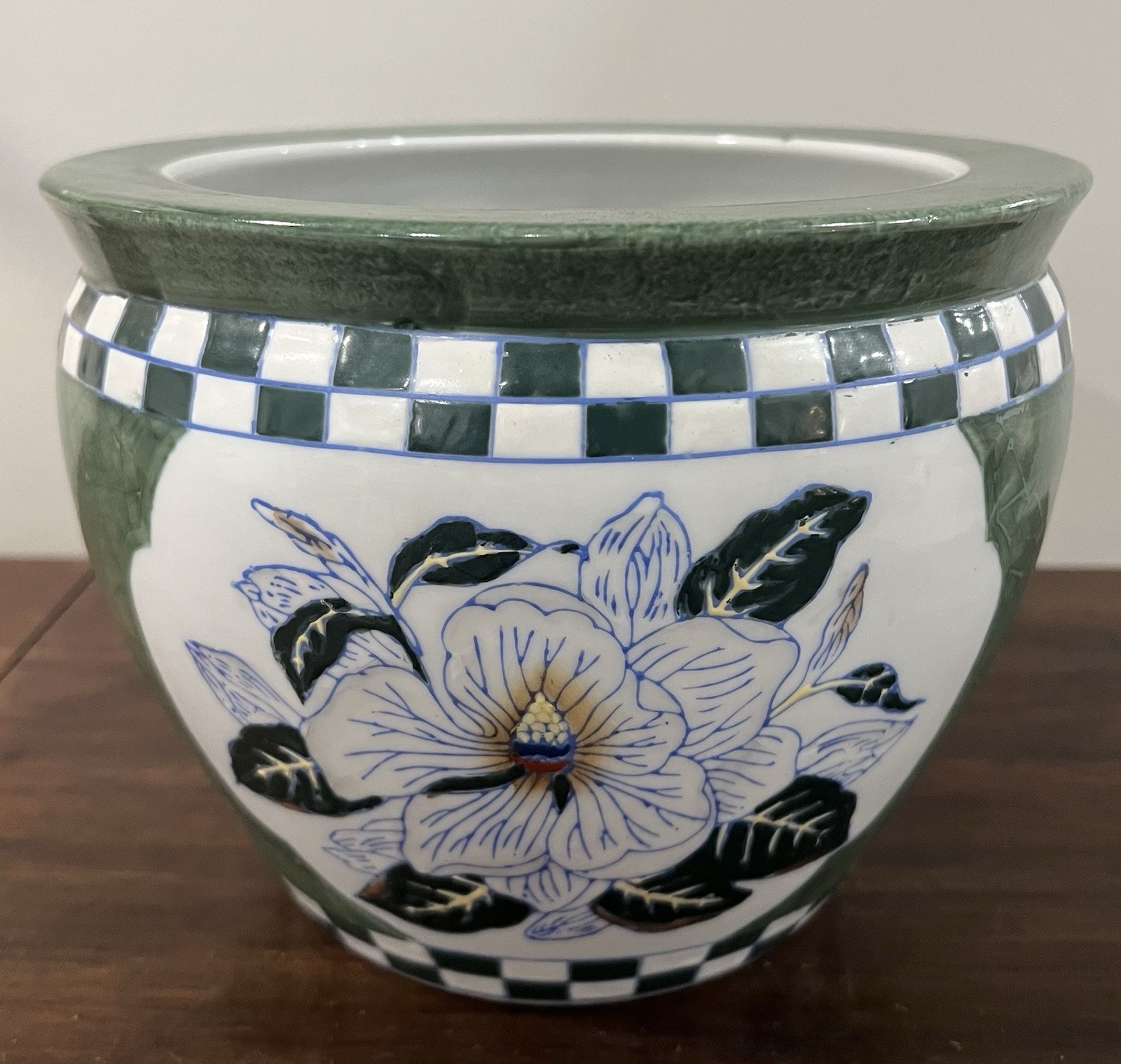 Porcelain Fish Bowl Planter Vase 80s Chinoiserie Koi Fish And Flowers Large READ