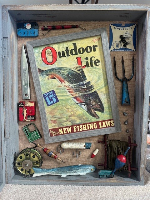 Rustic Shadowbox filled with vintage fishing items, lures, Shadow Box, tackle.