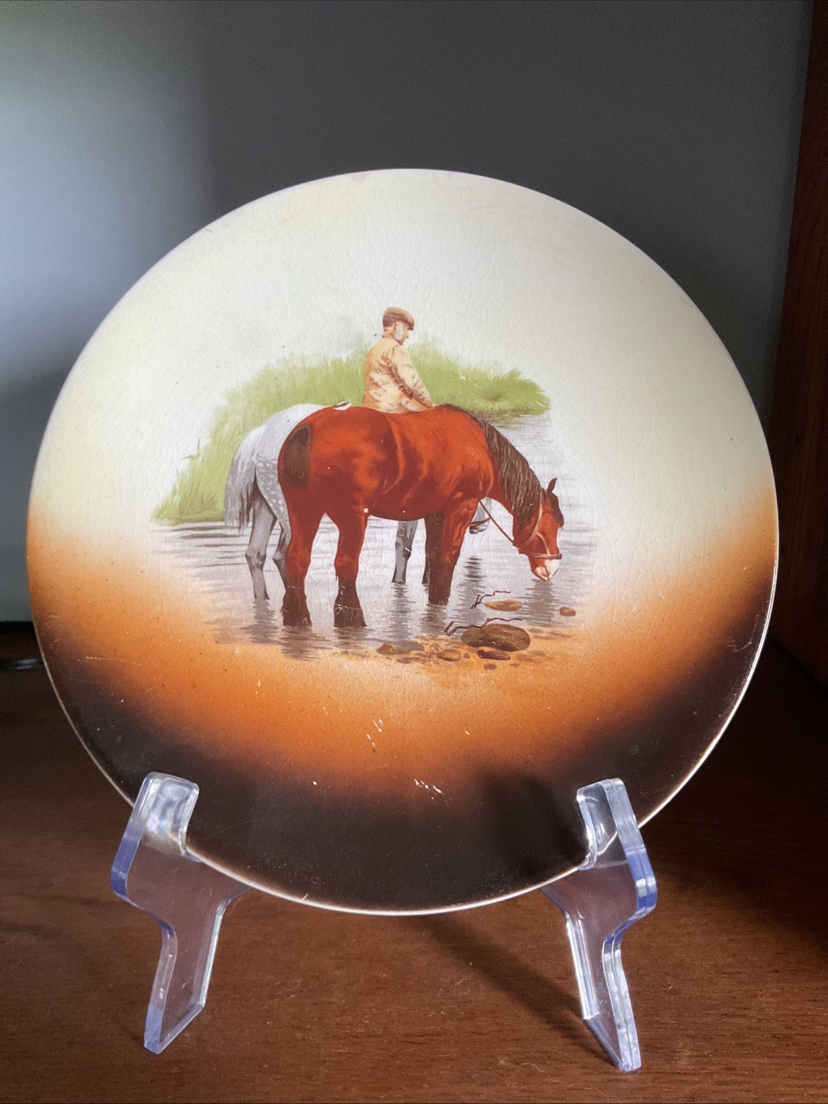 Antique 1920’s China Plate Horses in a stream 9.50” Diameter hand painted