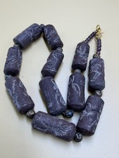 Carved Stone Cylinder Beads Necklace • Warrior & Animal Figures • Roman Engrave picture