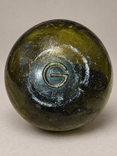 Vintage German G Glass Fishing Float Dark Olive Green Embossed Mark Approx 4” picture