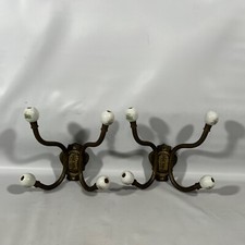 Vintage Hollywood Regency Ceramic Brass Coat Hanger Wall Hook Handpainted Roses picture