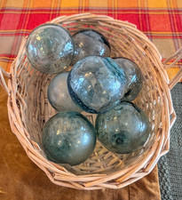 Lot of 8 Vintage Glass Fishing Floats Aqua Blue Hand Blown Buoy Nautical Decor picture