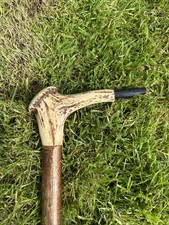 Vintage Fisherman's Walking Stick Hazel Shaft Antler Handle Embedded Trout Fly picture