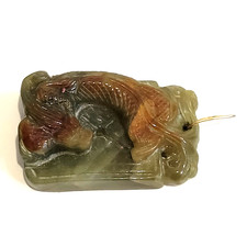 Vintage Chinese Green & Russet Jade Hand Carved Fish Beast With 14K Gold Bale picture