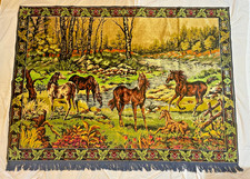 70's Vivid VTG Horses Meadow Stream Velvet Rug Wall Tapestry  70.75