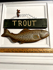 Vintage Look Carved And Painted Folk Art Trout Sign Fishing Fisherman Bait Fish picture
