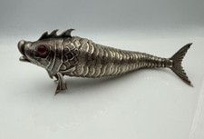 Antique Spanish Sterling Silver Red Stone Eyes Articulated Fish Figurine picture