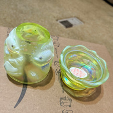 Fenton Iridescent Green/White Glass Fish , uranium glass Holder Signed C. Curry picture
