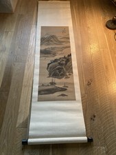 Vintage Chinese Hanging Scroll Painting Ink Wash Landscape River Fishing Signed picture