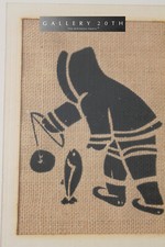 RARE ESKIMO PAINTING TEXTILE FISHING MID CENTURY 50s 60s FABRIC ORIG ART VTG picture