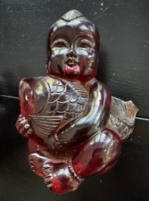 4” Old Chinese Buddhism Red Amber Carved Sit Small Monk Boy Fish Buddha READ picture