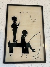 1932 Dated - Silhouette Picture Reverse Painted on Glass  - Kids Fishing - NICE picture