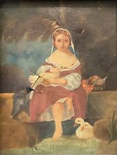 🔥 Fine Antique Old 18th c. American Folk Art Girl & Ducks Portrait Oil Painting picture