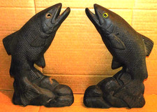 Pair Vintage Lodge F 40 L Cast Iron Fish Trout Fireplace Fire Dogs Andiron AS IS picture